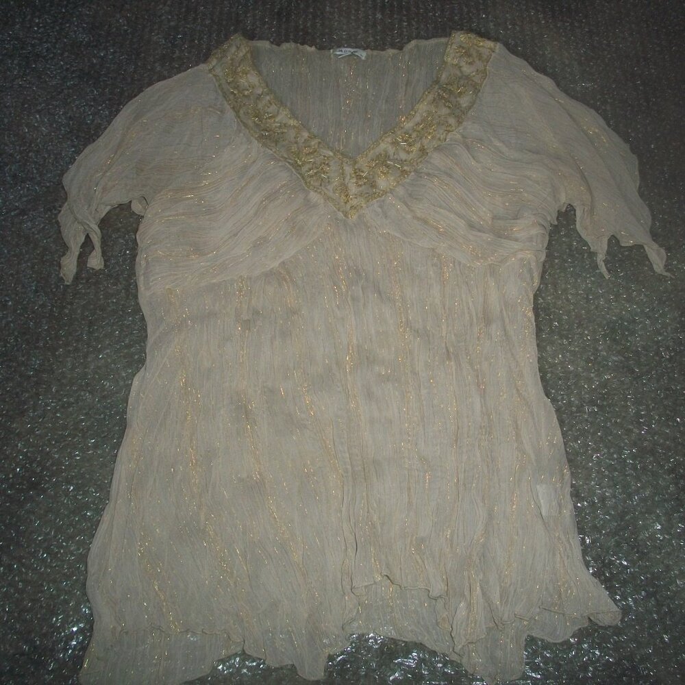 womens blouse.gold metallic bling.hi-lo hem.size small